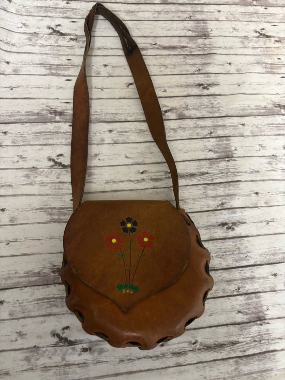 Vintage 60s 70s Hand Tooled‎ Floral Brown Leather Purse Boho Hippy Bag - Picture 3 of 14